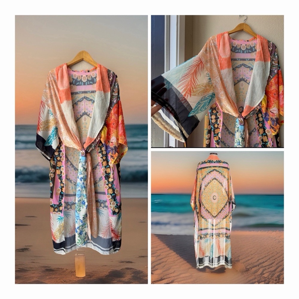 Boho Patchwork Maxi Kimono Duster Cardigan One Size Floral Paisley Swim Cover Up